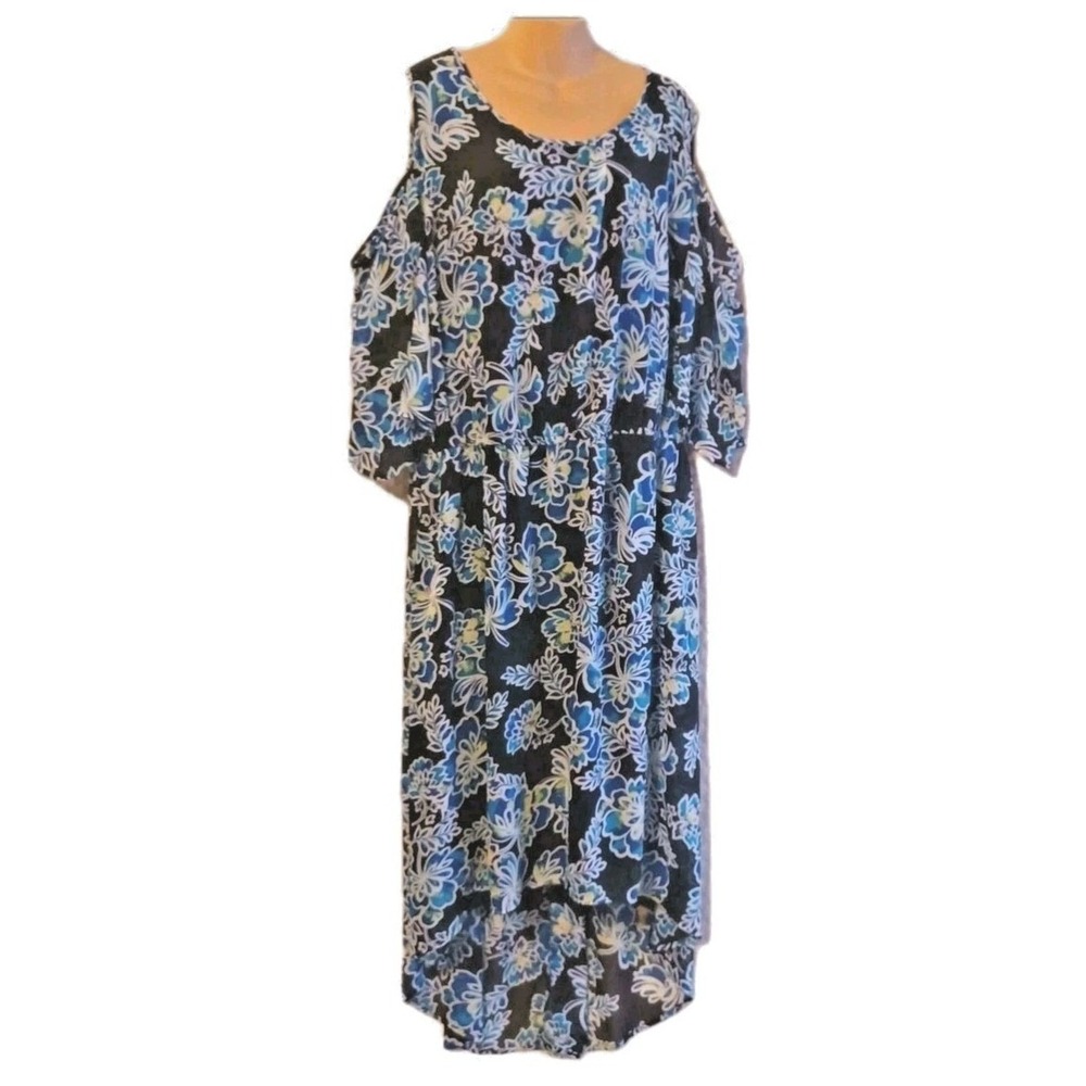Relativity Floral Cold Shoulder Maxi Dress Blue Yellow High Low Plus Size 3X
